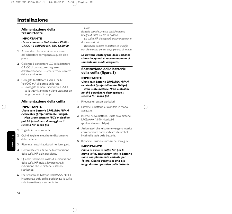 Installazione | Philips MICROLUX HC8900 User Manual | Page 52 / 149