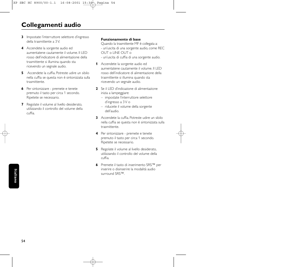 Collegamenti audio | Philips MICROLUX HC8900 User Manual | Page 54 / 149