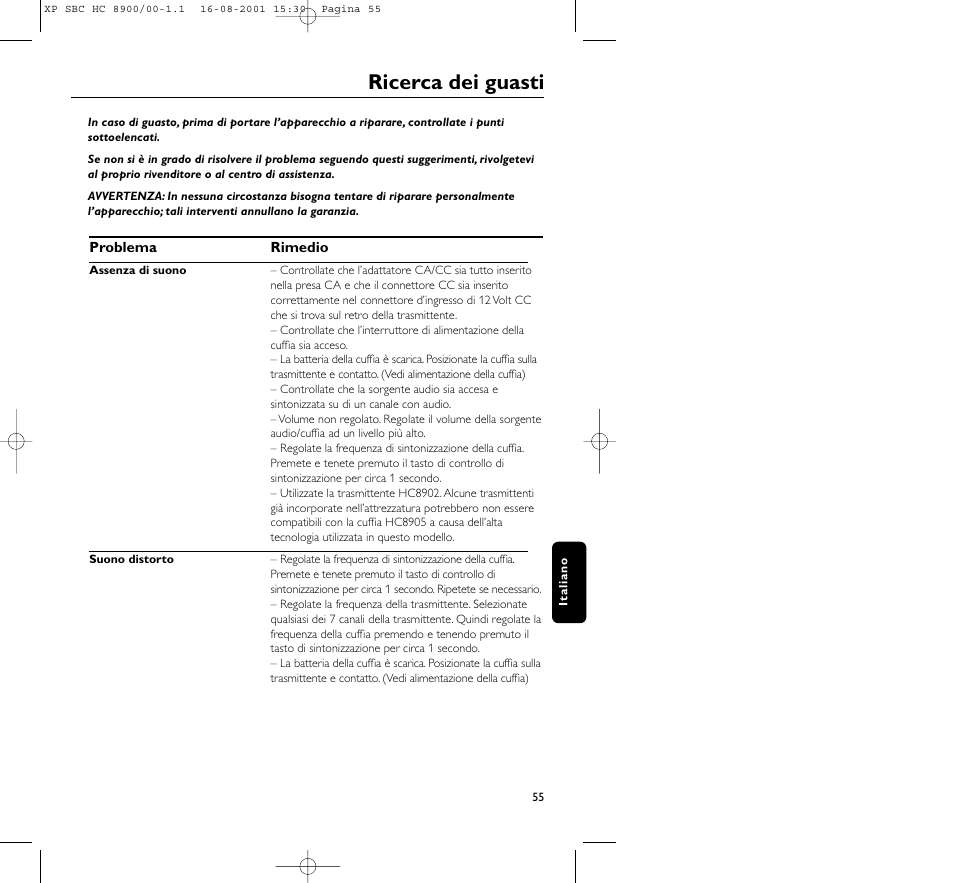 Ricerca dei guasti | Philips MICROLUX HC8900 User Manual | Page 55 / 149