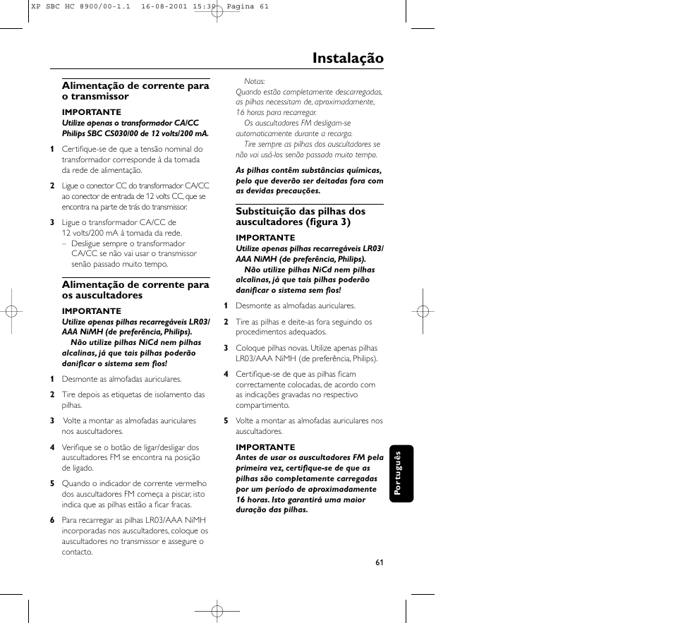 Instalação | Philips MICROLUX HC8900 User Manual | Page 61 / 149