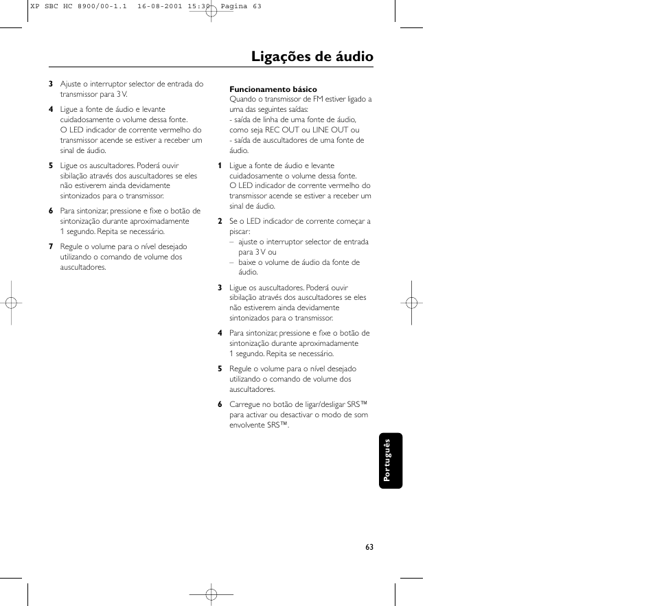 Ligações de áudio | Philips MICROLUX HC8900 User Manual | Page 63 / 149