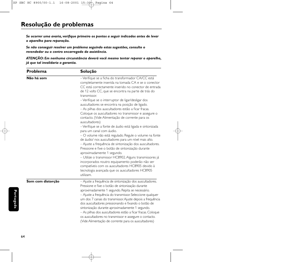 Resolução de problemas | Philips MICROLUX HC8900 User Manual | Page 64 / 149