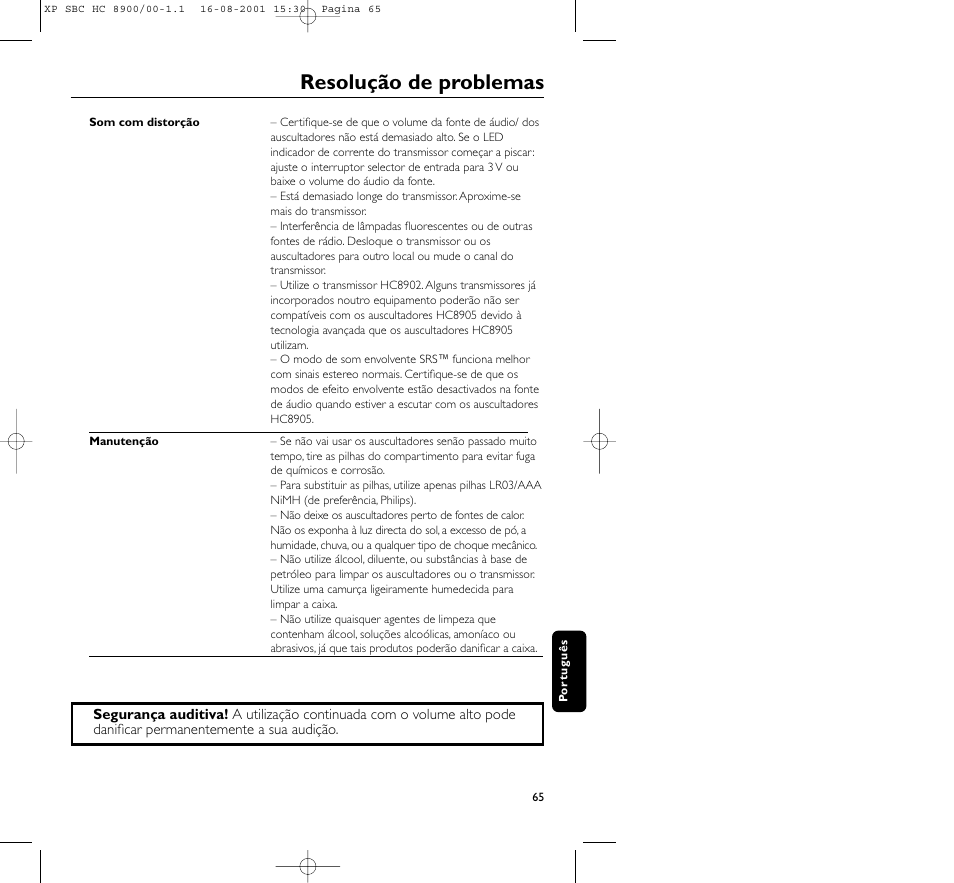 Resolução de problemas | Philips MICROLUX HC8900 User Manual | Page 65 / 149