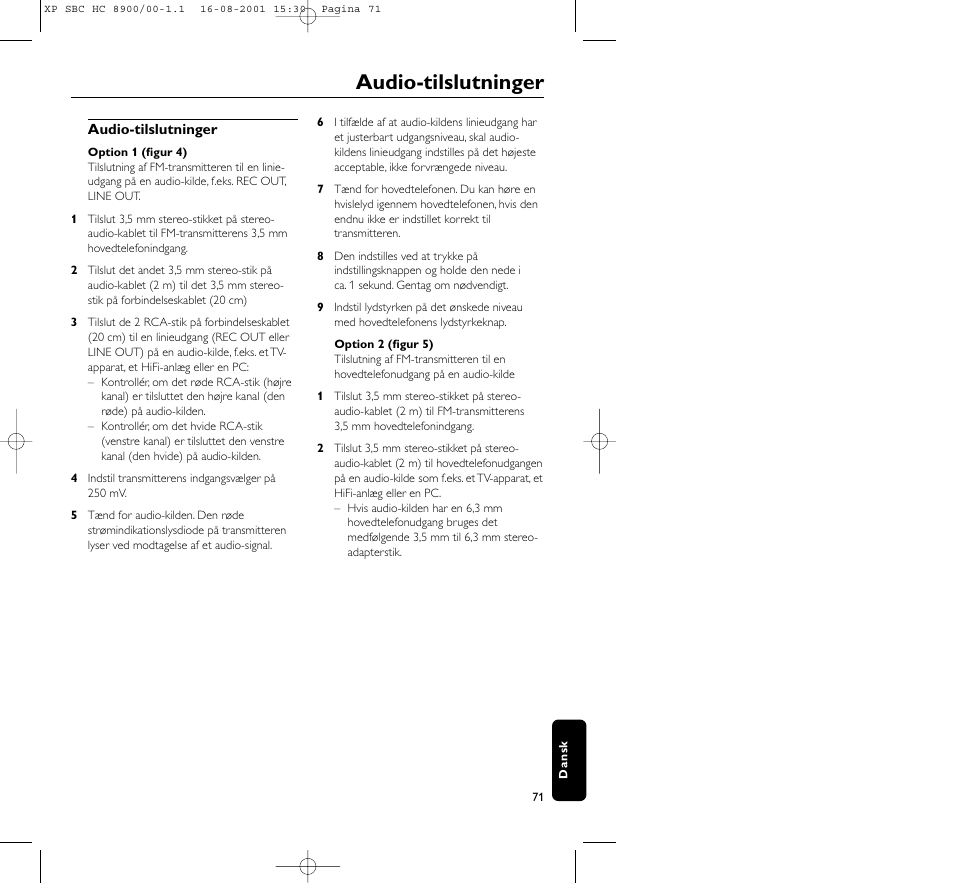 Audio-tilslutninger | Philips MICROLUX HC8900 User Manual | Page 71 / 149
