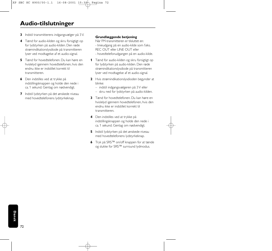 Audio-tilslutninger | Philips MICROLUX HC8900 User Manual | Page 72 / 149