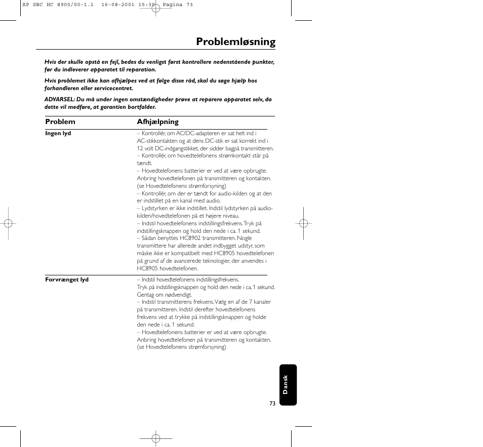 Problemløsning | Philips MICROLUX HC8900 User Manual | Page 73 / 149