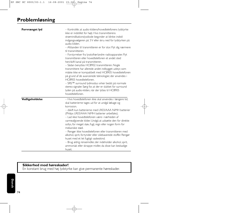 Problemløsning | Philips MICROLUX HC8900 User Manual | Page 74 / 149