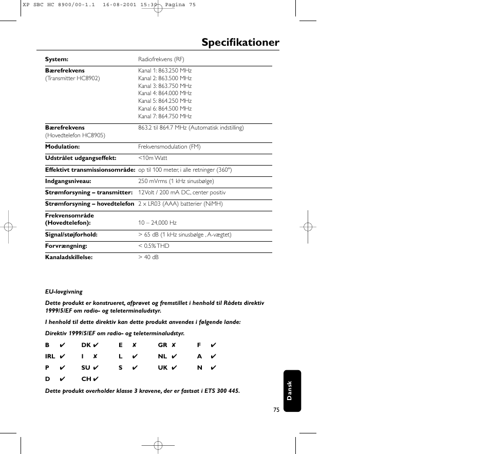 Specifikationer | Philips MICROLUX HC8900 User Manual | Page 75 / 149