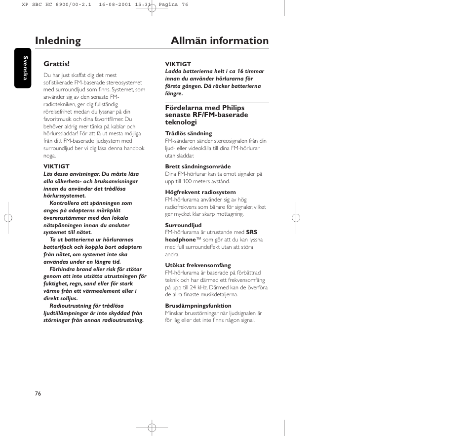Inledning allmän information | Philips MICROLUX HC8900 User Manual | Page 76 / 149