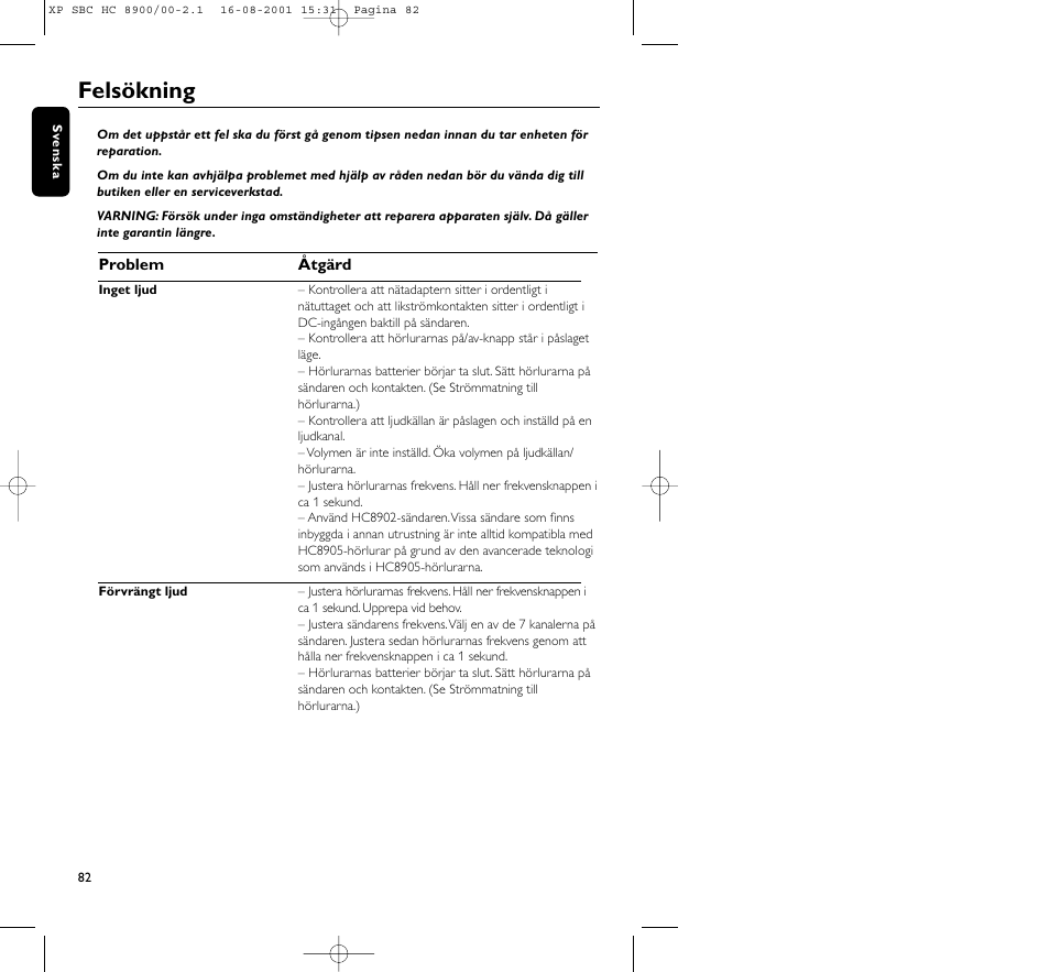 Felsökning | Philips MICROLUX HC8900 User Manual | Page 82 / 149