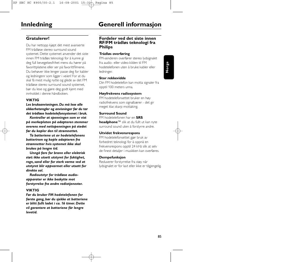 Innledning generell informasjon | Philips MICROLUX HC8900 User Manual | Page 85 / 149