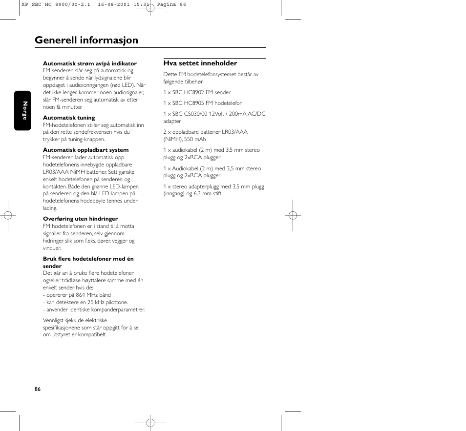Generell informasjon | Philips MICROLUX HC8900 User Manual | Page 86 / 149