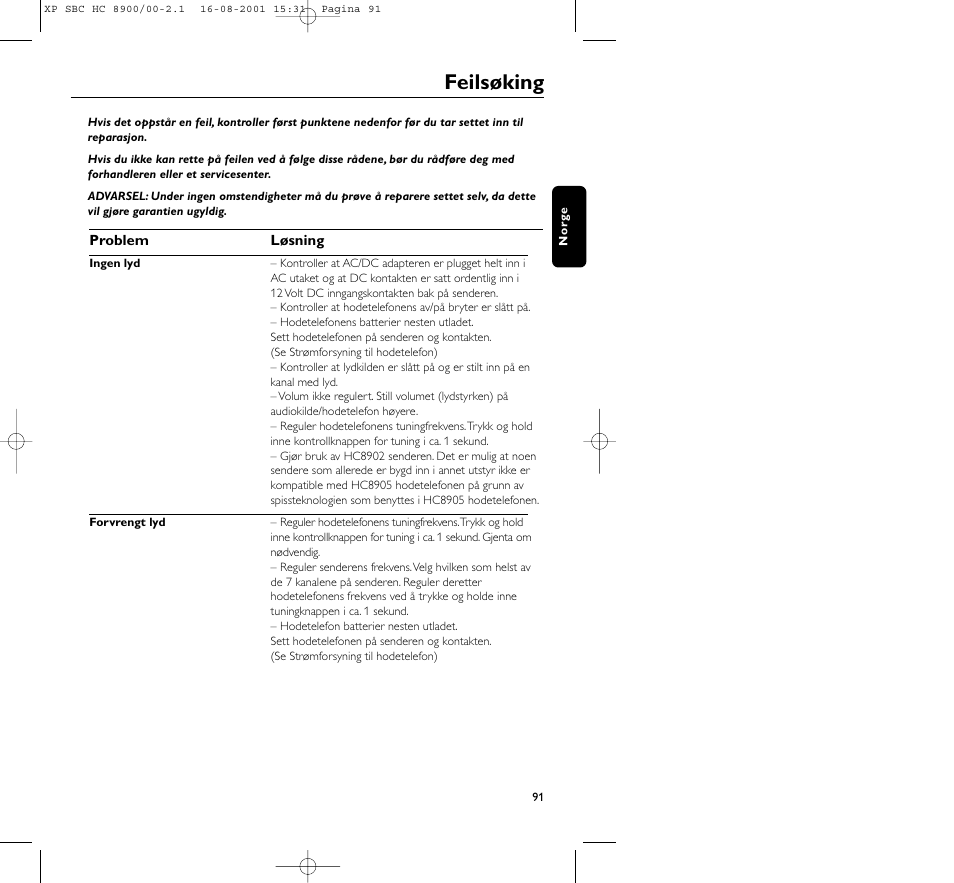 Feilsøking | Philips MICROLUX HC8900 User Manual | Page 91 / 149
