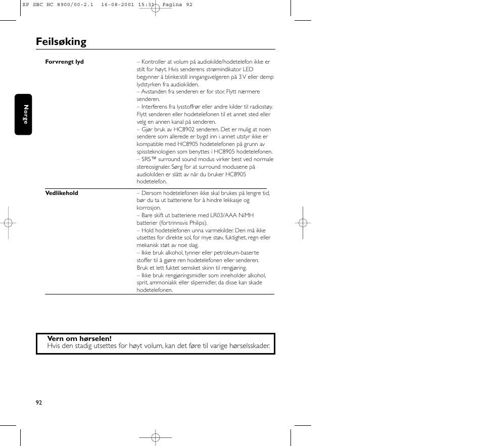 Feilsøking | Philips MICROLUX HC8900 User Manual | Page 92 / 149