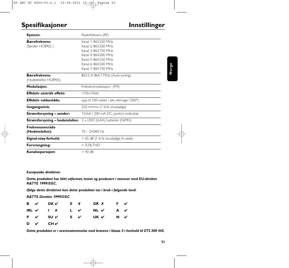 Spesifikasjoner innstillinger | Philips MICROLUX HC8900 User Manual | Page 93 / 149