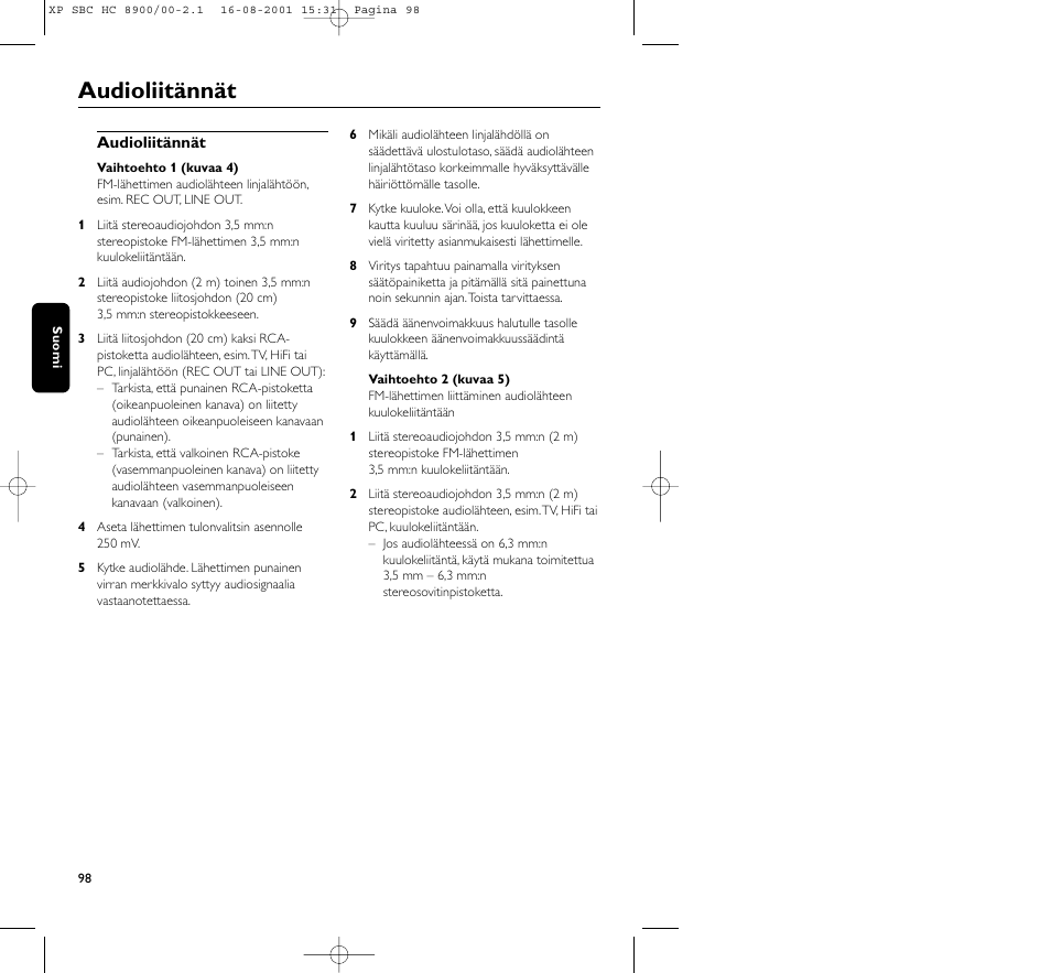 Audioliitännät | Philips MICROLUX HC8900 User Manual | Page 98 / 149