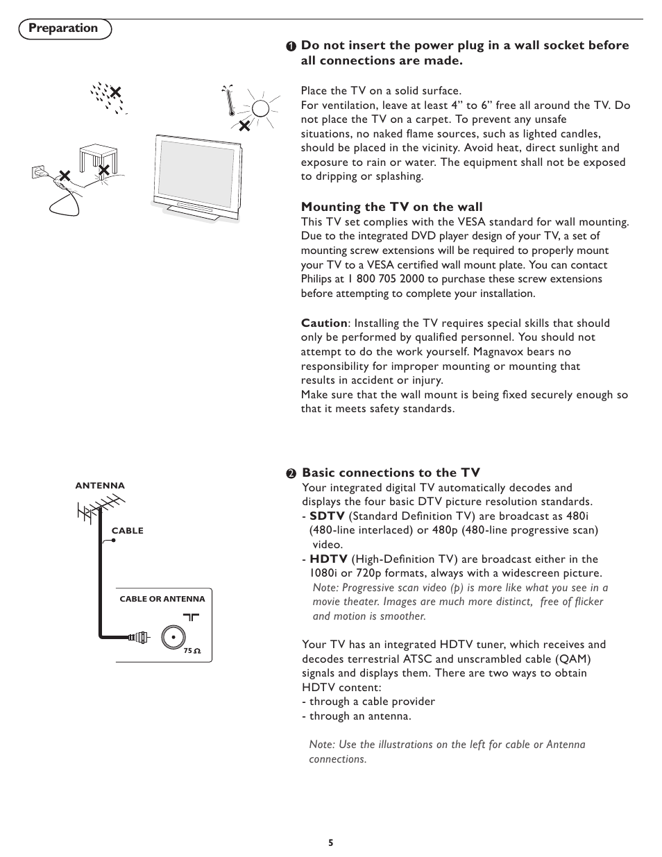 Mounting the tv on the wall, Basic connections to the tv | Philips 32MD357B User Manual | Page 12 / 56