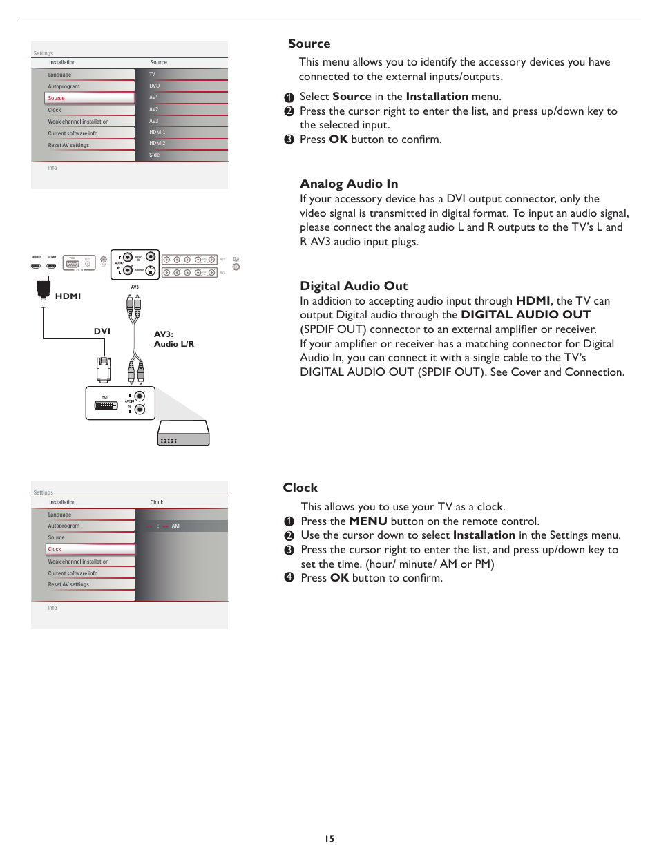 Analog audio in, Digital audio out, Source | Clock, Hdmi dvi av3: audio l/r | Philips 32MD357B User Manual | Page 22 / 56