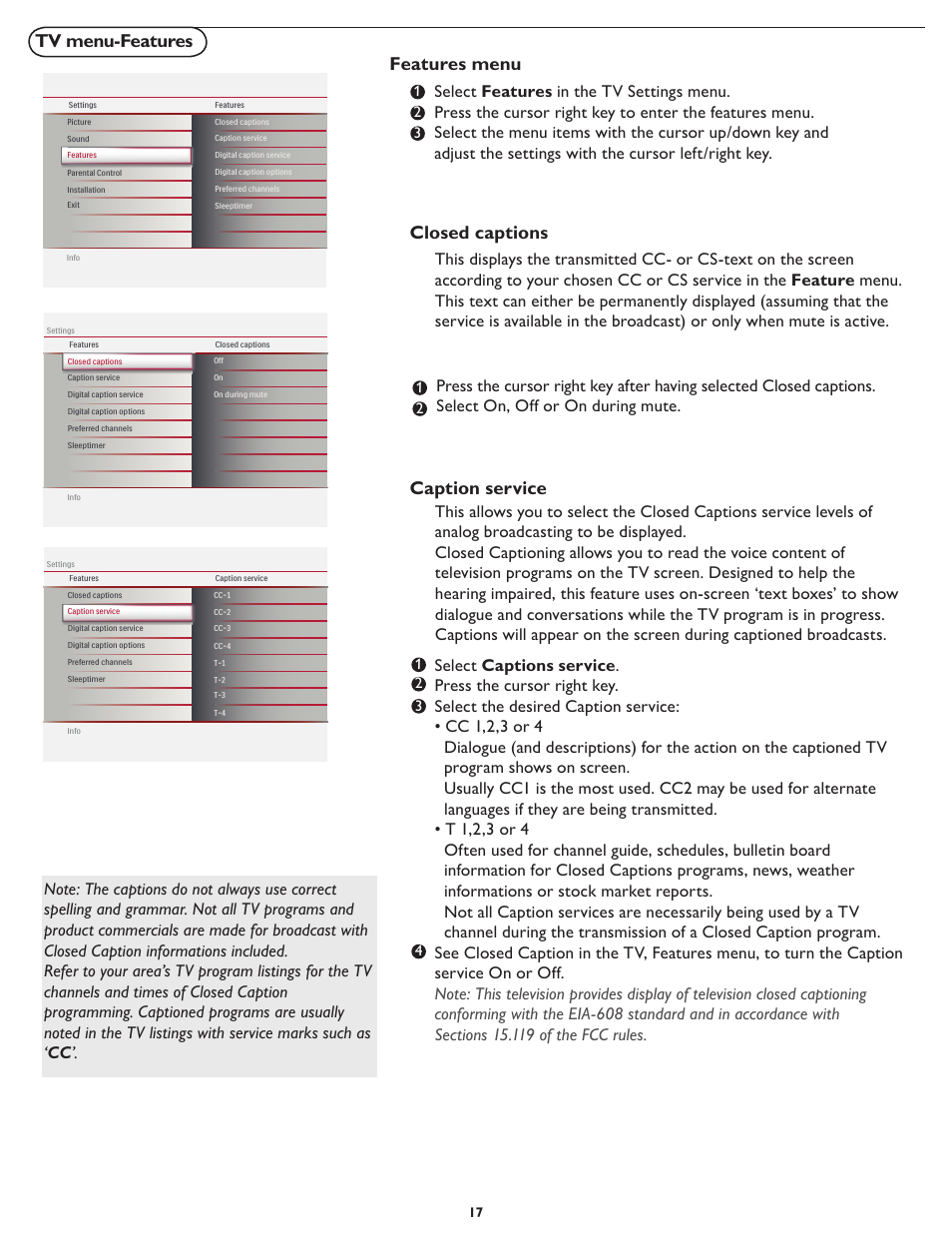 Tv menu-features, Features menu, Closed captions | Caption service | Philips 32MD357B User Manual | Page 24 / 56