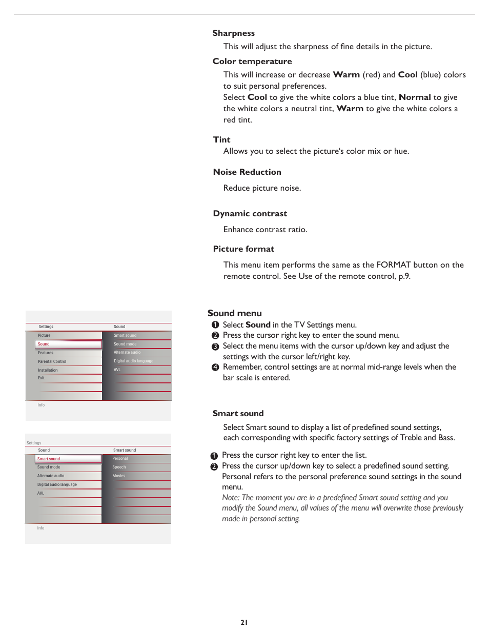 Sound menu | Philips 32MD357B User Manual | Page 28 / 56