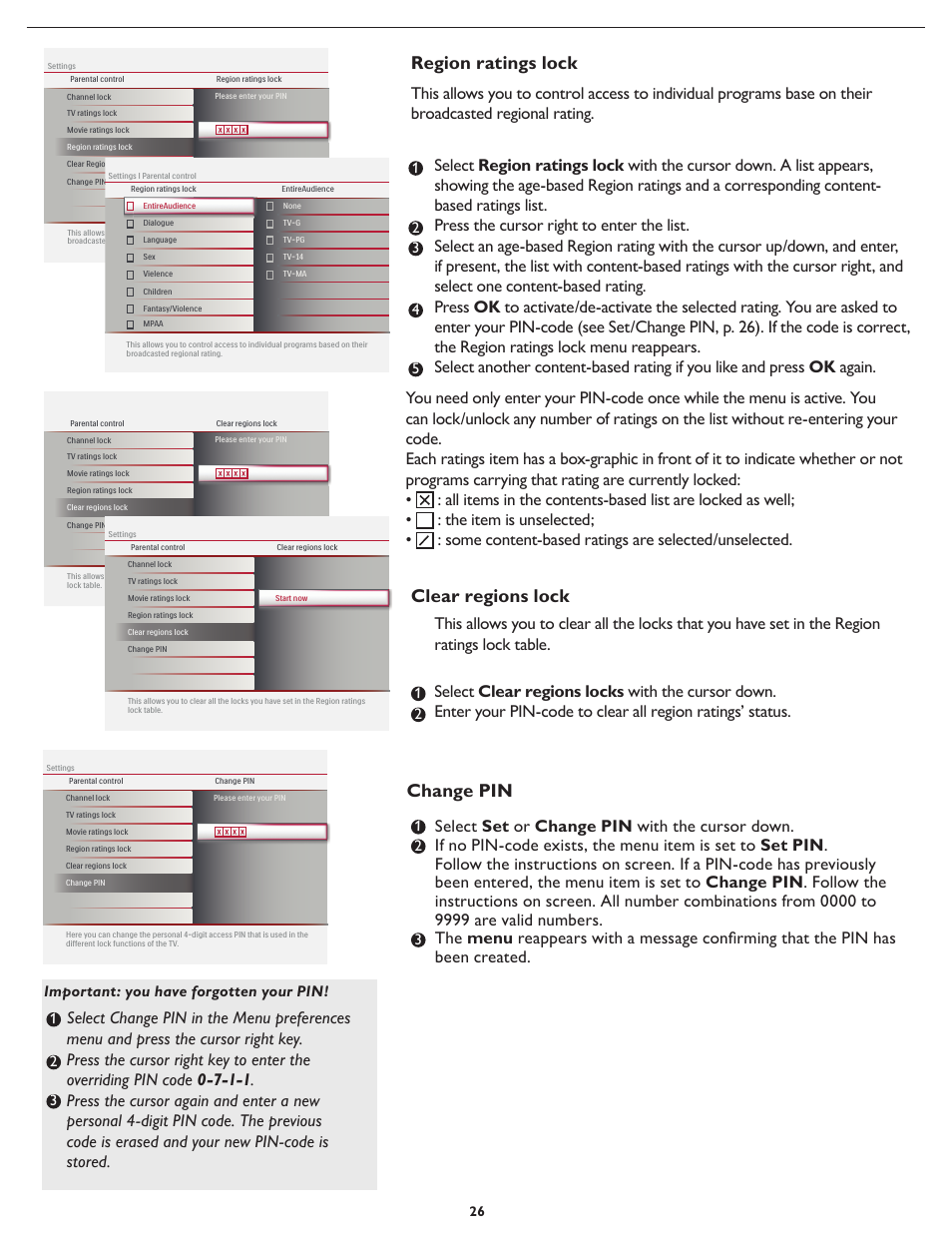Region ratings lock, Clear regions lock, Change pin | Philips 32MD357B User Manual | Page 33 / 56