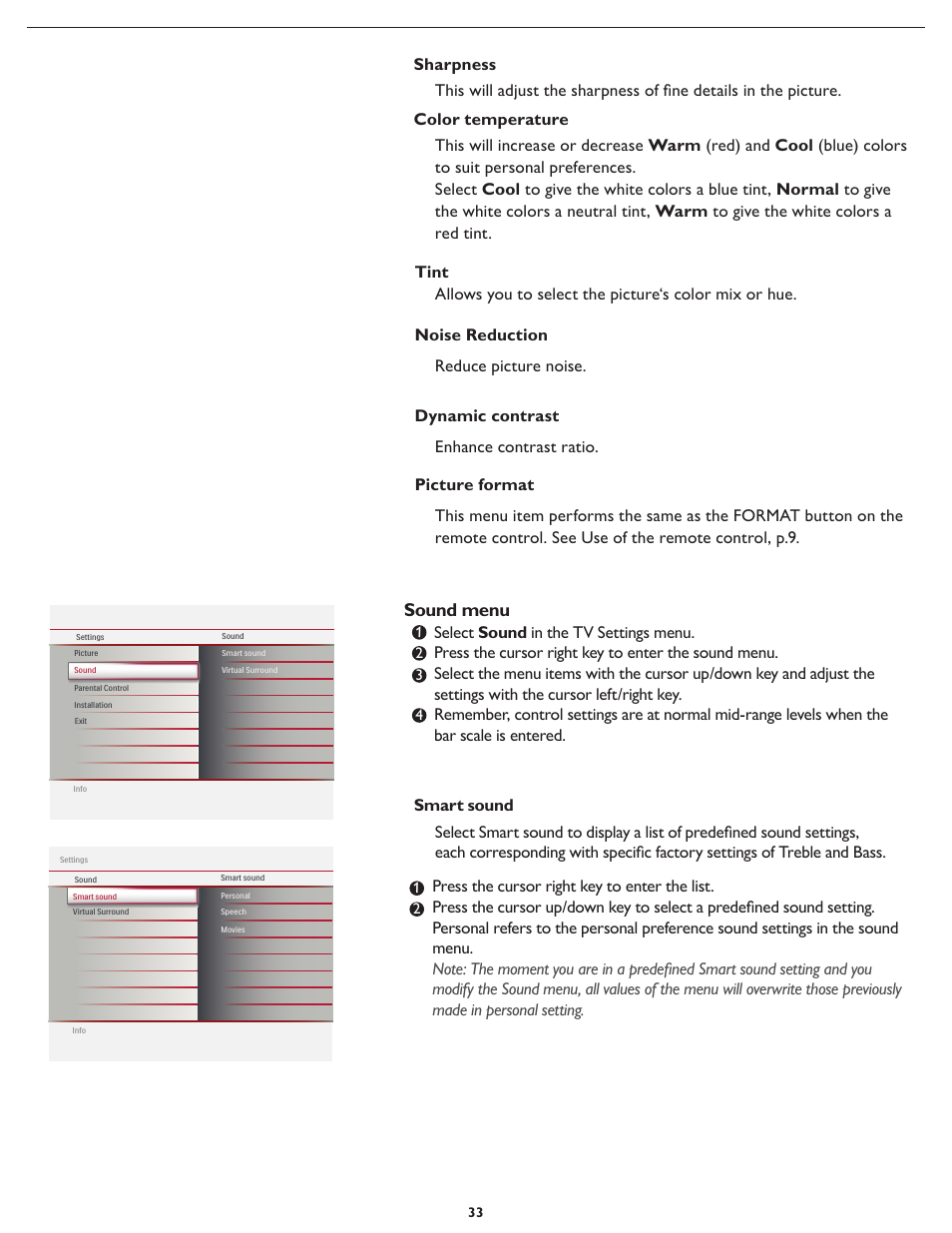 Sound menu | Philips 32MD357B User Manual | Page 40 / 56