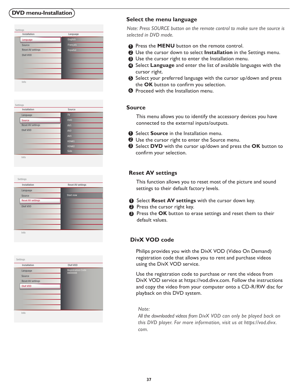 Dvd menu-installation select the menu language, Source, Reset av settings | Divx vod code | Philips 32MD357B User Manual | Page 44 / 56