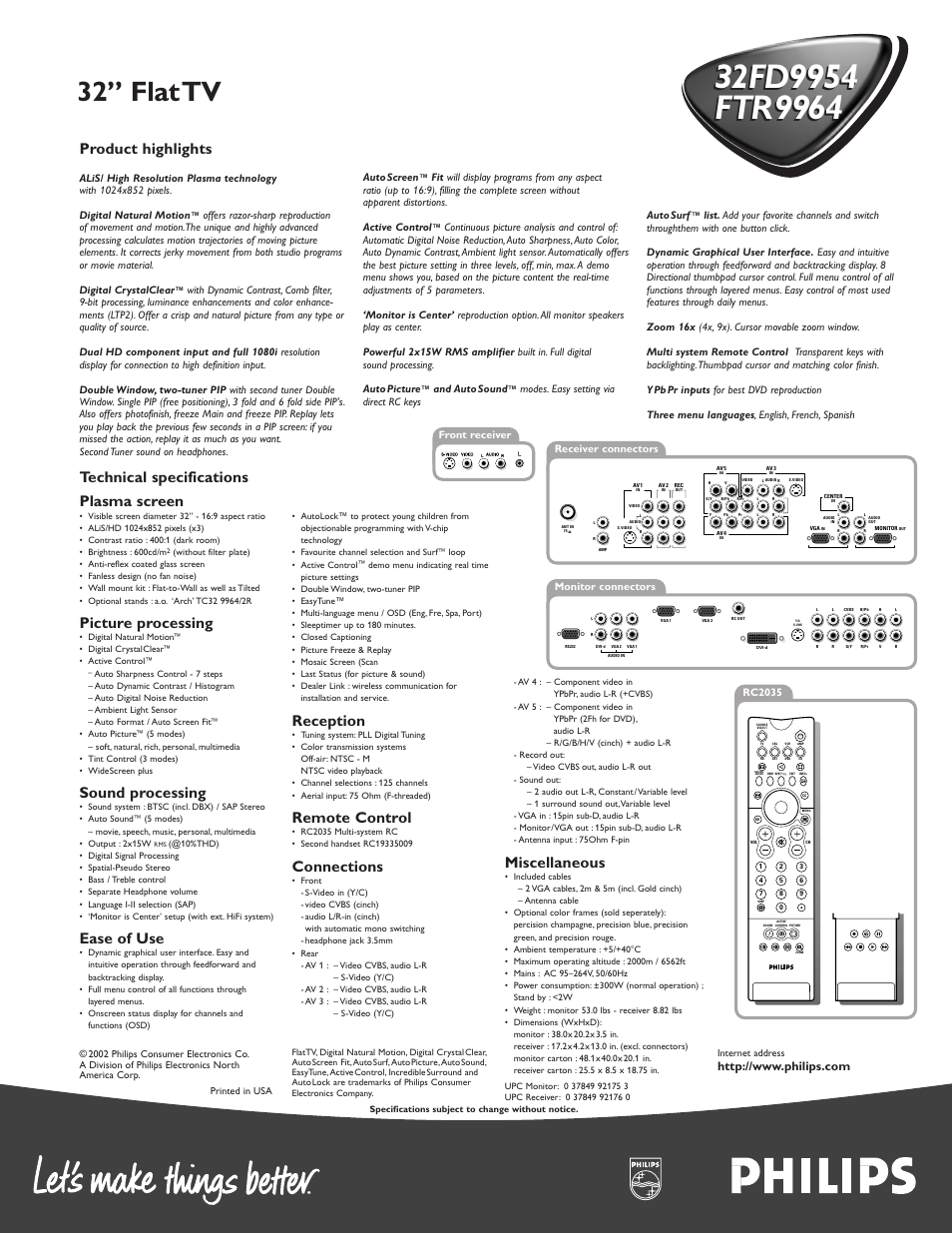 32” flattv, Product highlights, Technical specifications plasma screen | Picture processing, Sound processing, Ease of use, Reception, Remote control, Connections, Miscellaneous | Philips FTR9964 User Manual | Page 2 / 2