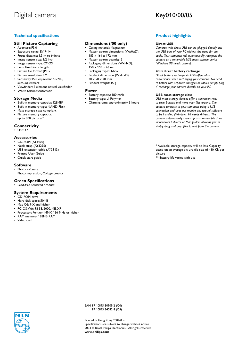 Digital camera | Philips key010 User Manual | Page 2 / 2