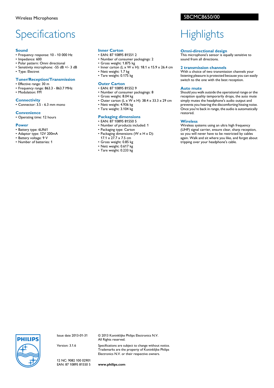 Specifications, Highlights | Philips SBCMC8650 User Manual | Page 2 / 2