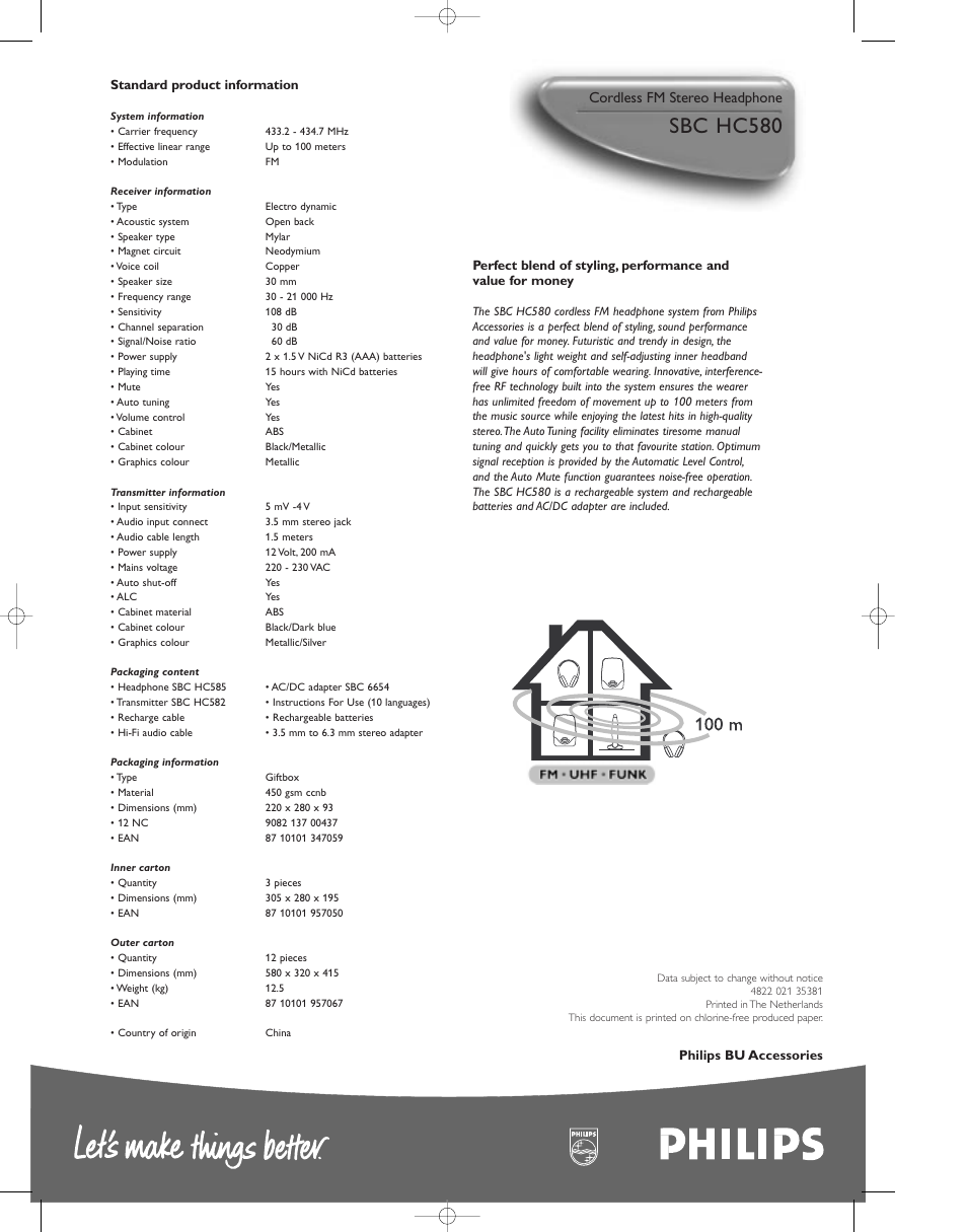 Sbc hc580, P , @ p cordless fm stereo headphone | Philips SBC HC580 User Manual | Page 2 / 2