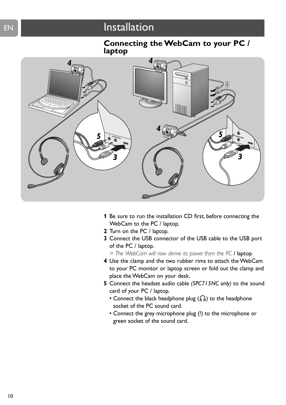 Installation, Connecting the webcam to your pc / laptop | Philips SPC710NC User Manual | Page 10 / 22