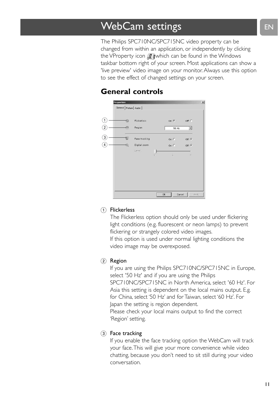 Webcam settings, General controls | Philips SPC710NC User Manual | Page 11 / 22