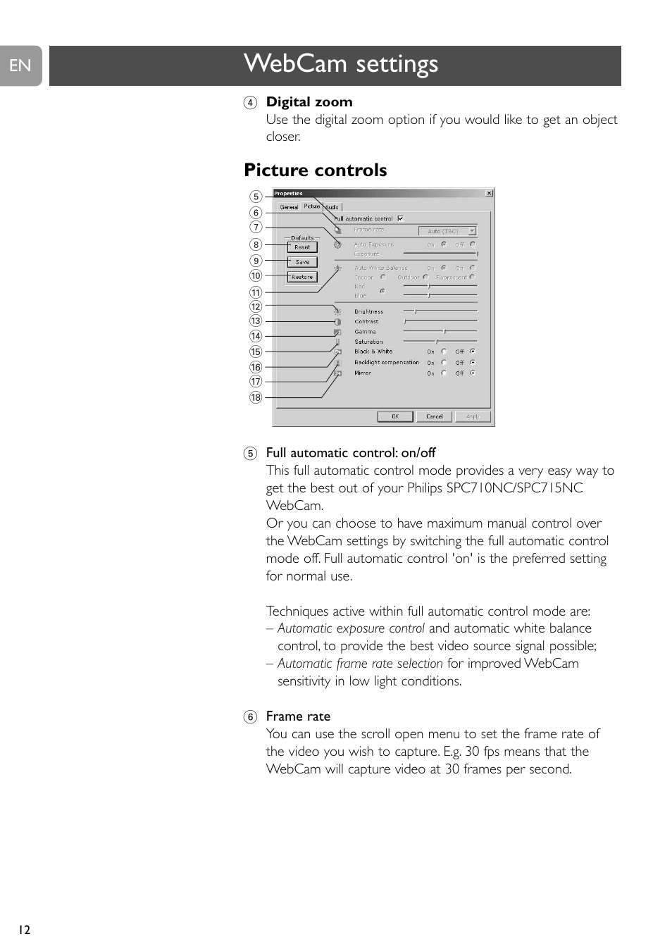 Webcam settings, Picture controls | Philips SPC710NC User Manual | Page 12 / 22