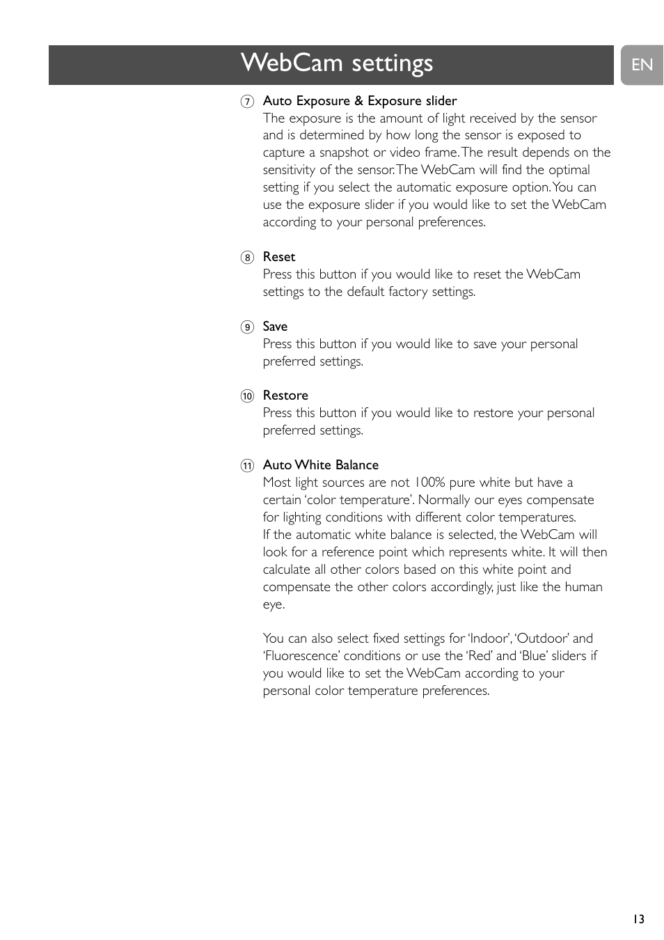 Webcam settings | Philips SPC710NC User Manual | Page 13 / 22