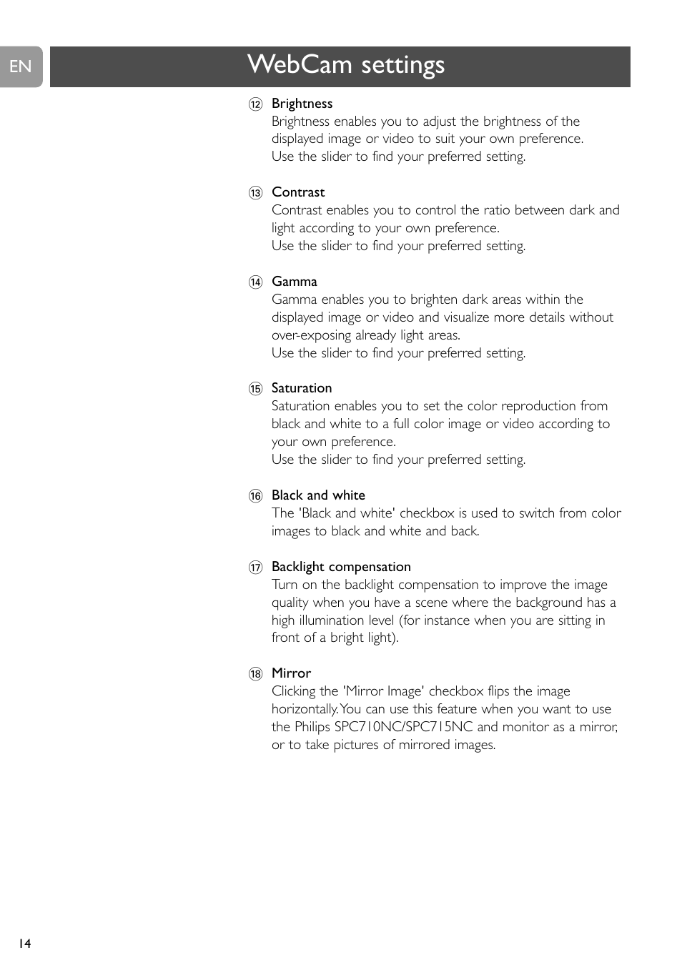 Webcam settings | Philips SPC710NC User Manual | Page 14 / 22