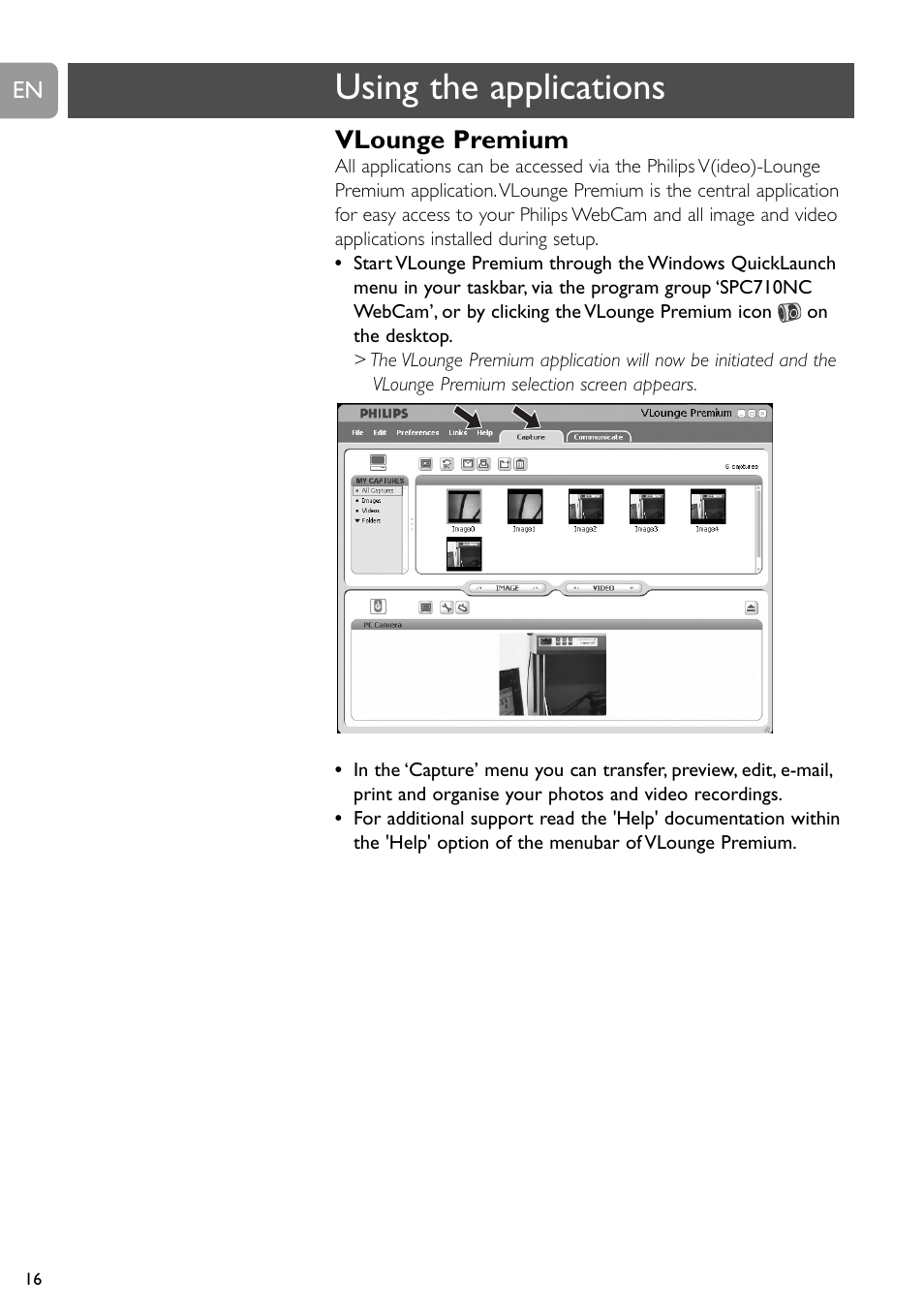 Using the applications, Vlounge premium | Philips SPC710NC User Manual | Page 16 / 22