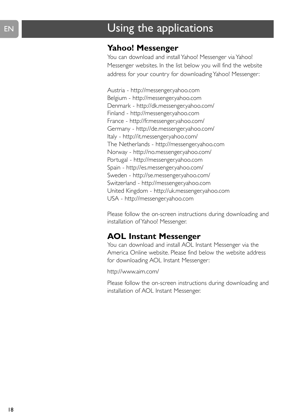 Using the applications, Yahoo! messenger, Aol instant messenger | Philips SPC710NC User Manual | Page 18 / 22