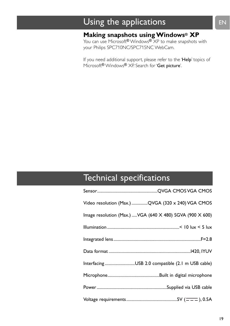 Using the applications, Technical specifications, Making snapshots using windows | Philips SPC710NC User Manual | Page 19 / 22