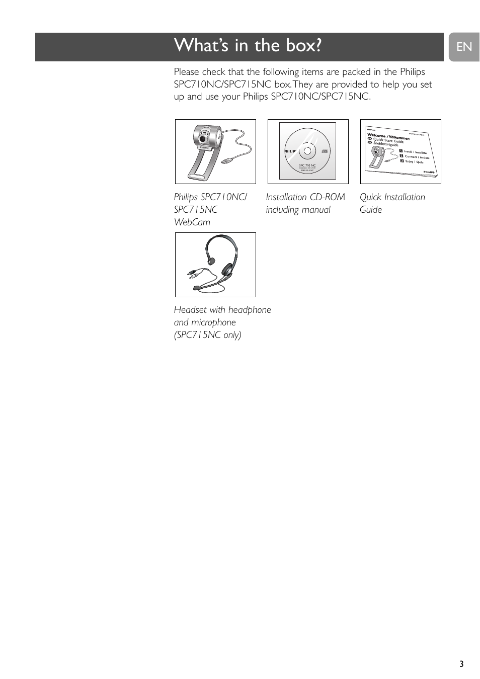 What’s in the box | Philips SPC710NC User Manual | Page 3 / 22