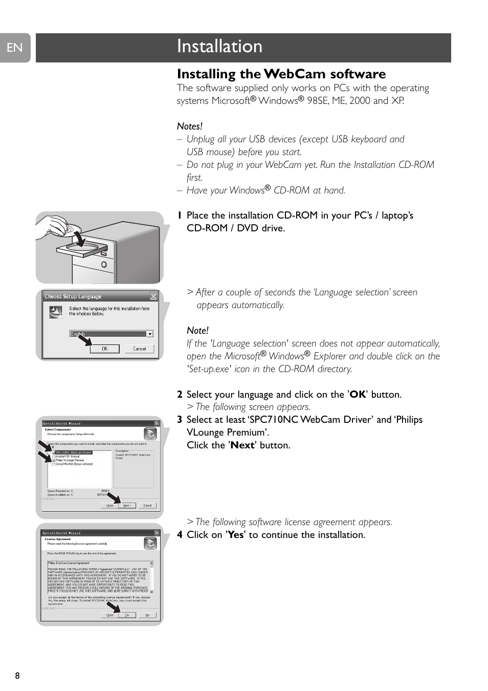 Installation, Installing the webcam software | Philips SPC710NC User Manual | Page 8 / 22
