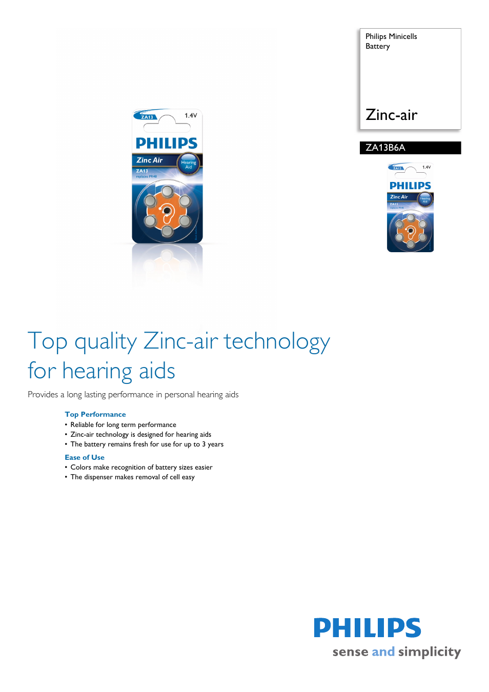 Philips Zinc-air ZA13B6A User Manual | 2 pages