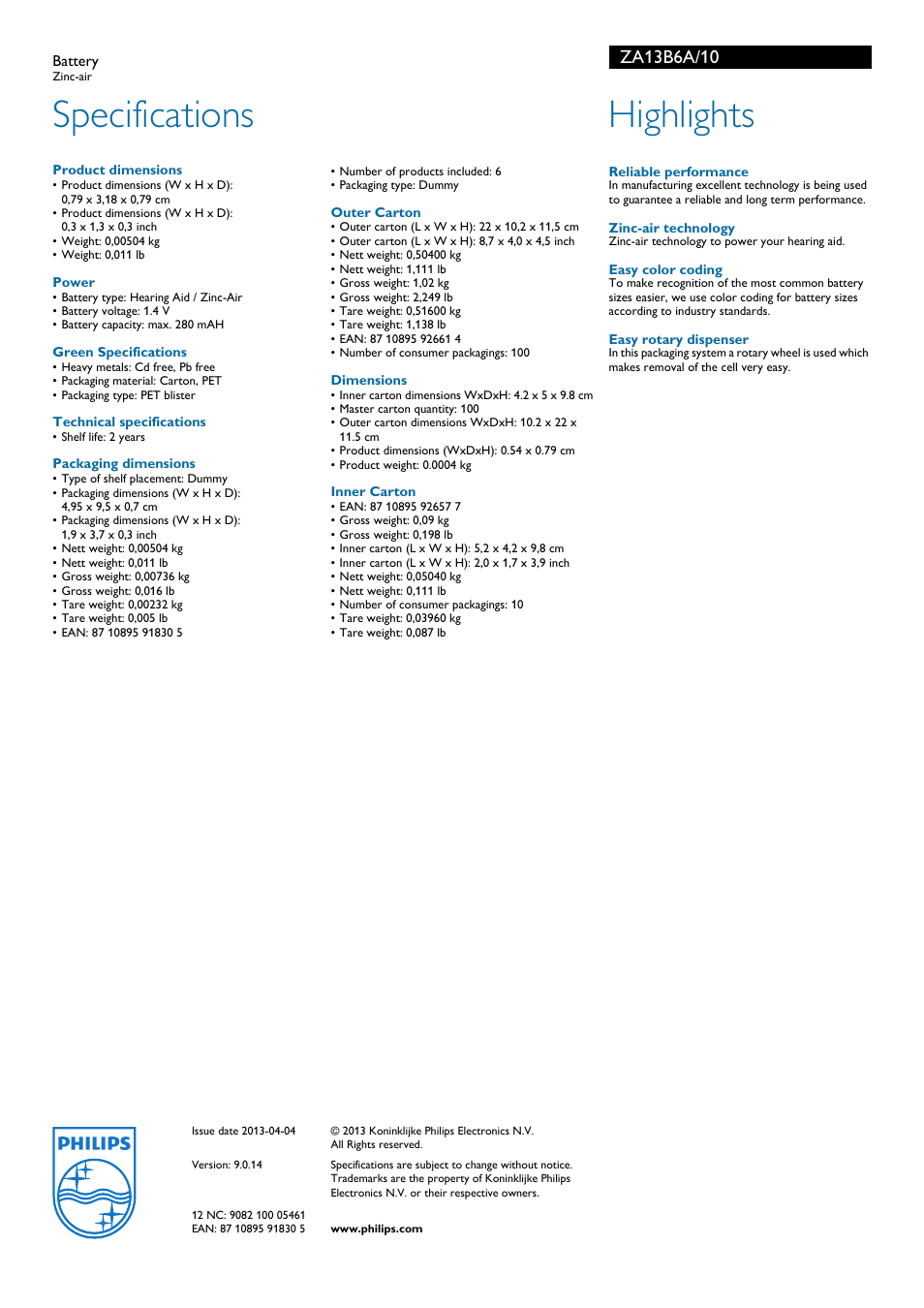 Specifications, Highlights | Philips Zinc-air ZA13B6A User Manual | Page 2 / 2