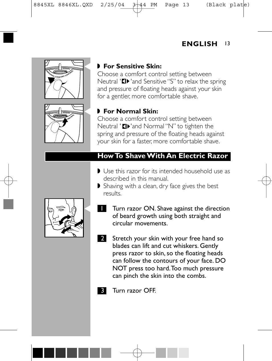 How to shave with an electric razor, English | Philips 8846XL User Manual | Page 13 / 40