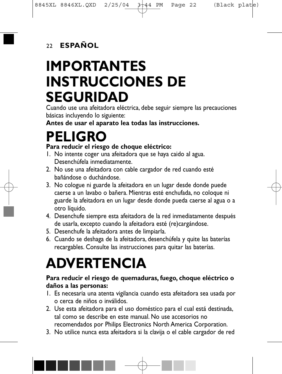 Importantes instrucciones de seguridad, Peligro, Advertencia | Philips 8846XL User Manual | Page 22 / 40