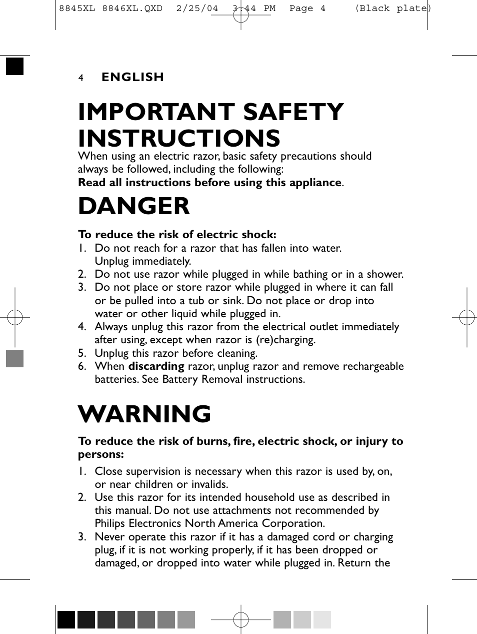 Important safety instructions, Danger, Warning | Philips 8846XL User Manual | Page 4 / 40