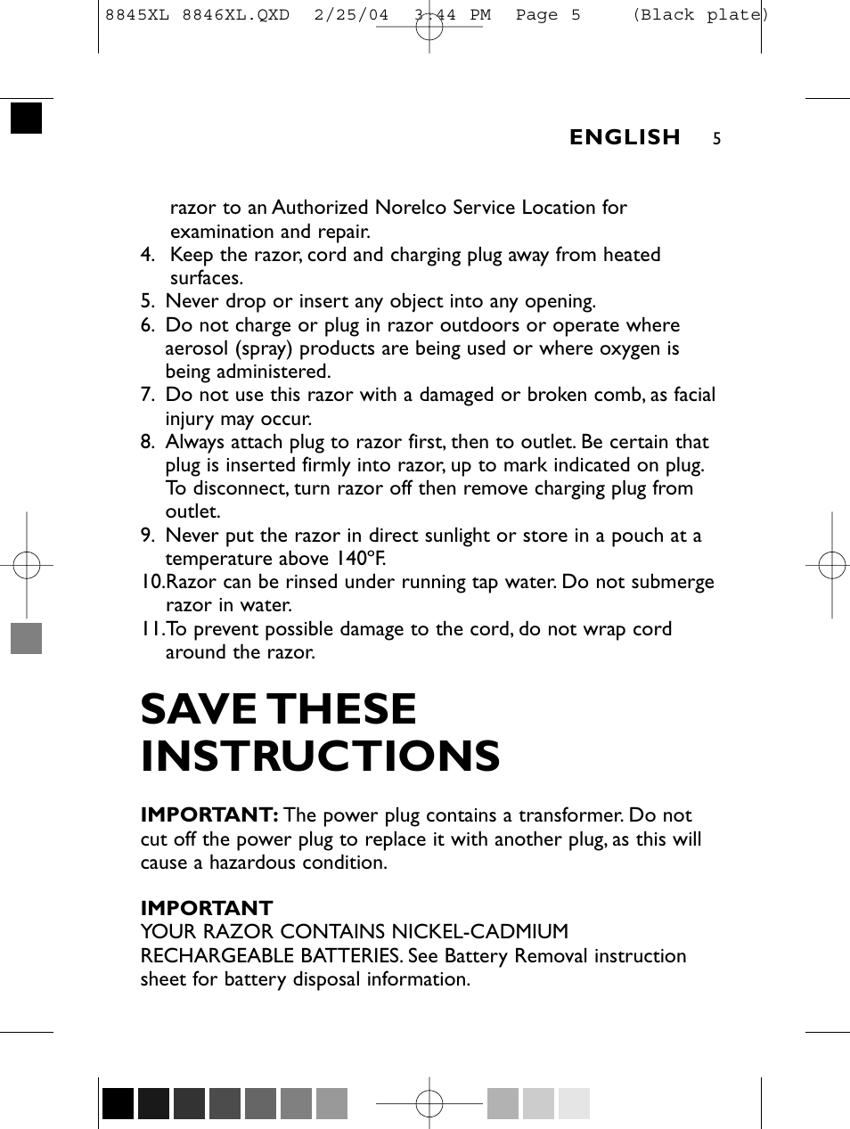 Save these instructions | Philips 8846XL User Manual | Page 5 / 40