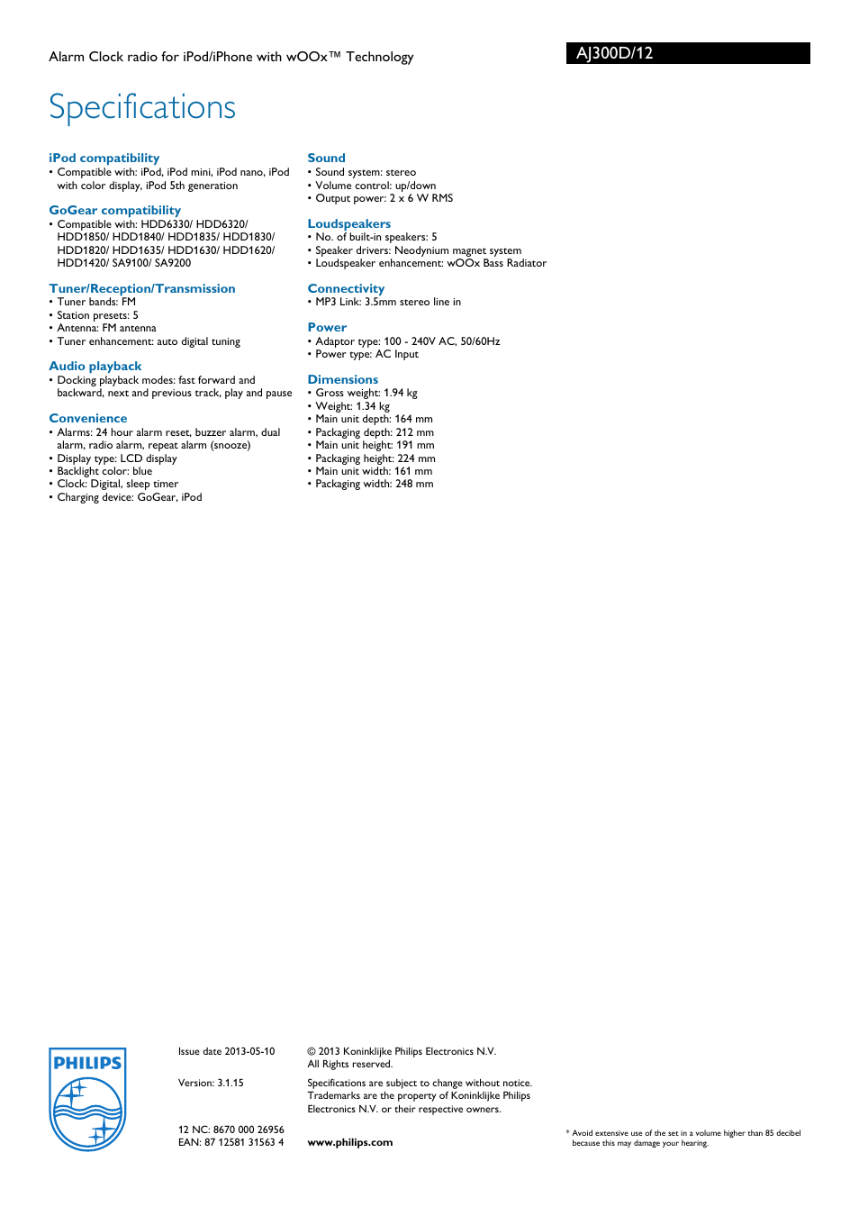 Specifications, Philips | Philips AJ300D/12 User Manual | Page 3 / 3