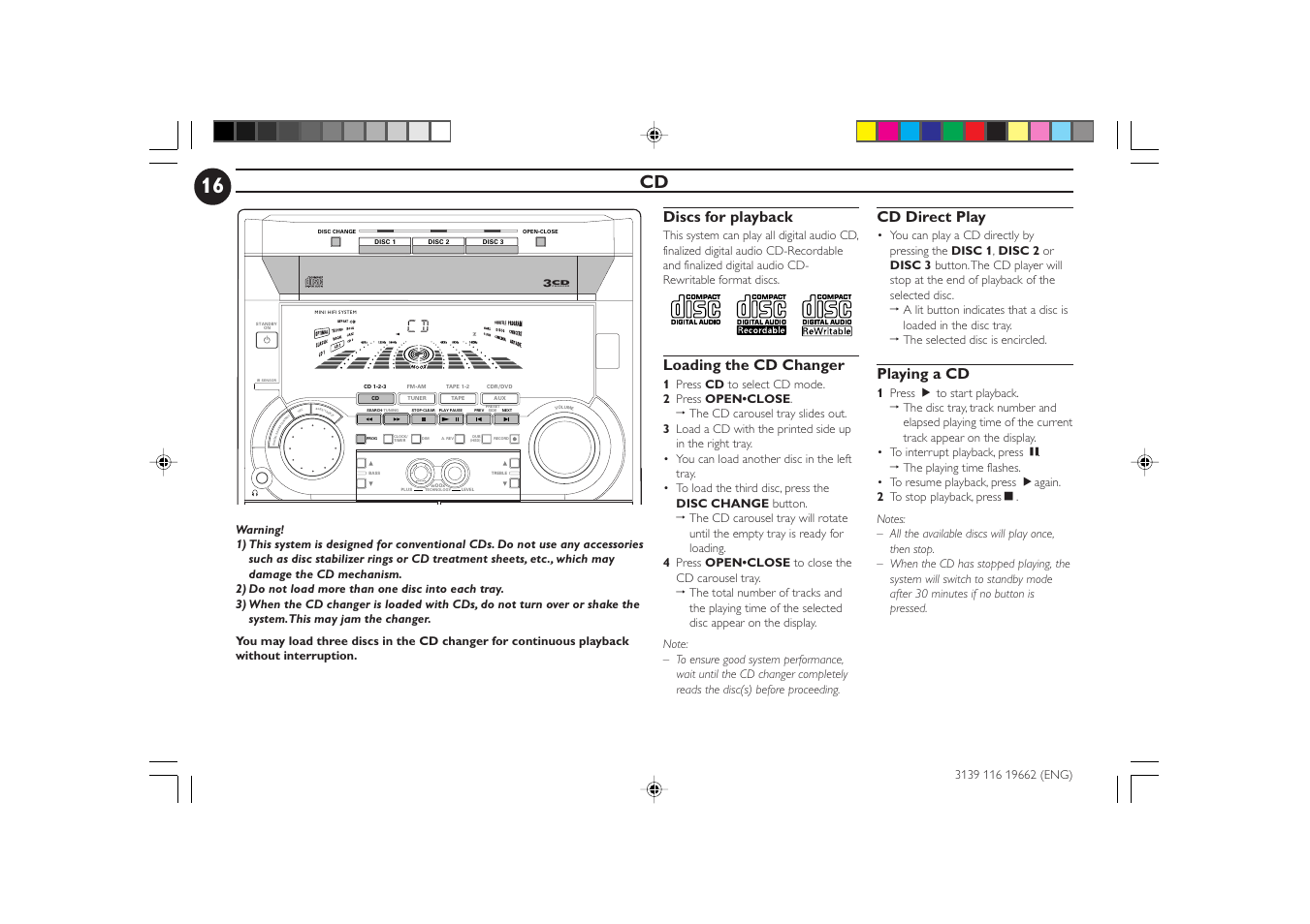 Bass/t re bl e, Ve c, Discs for playback | Loading the cd changer, Cd direct play, Playing a cd | Philips FW-C80 User Manual | Page 16 / 30