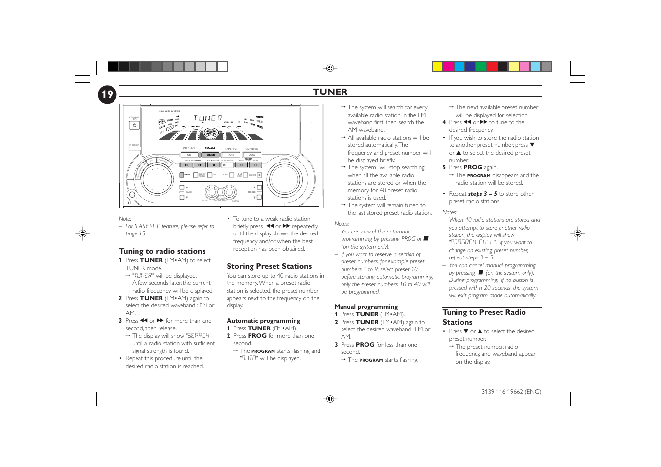 Bass/t re bl e, Ve c, Tuner | Philips FW-C80 User Manual | Page 19 / 30